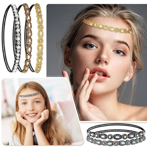 6 Pcs Rhinestone Beaded Headbands Elastic Vintage Crystal Hair Accessories main image 5